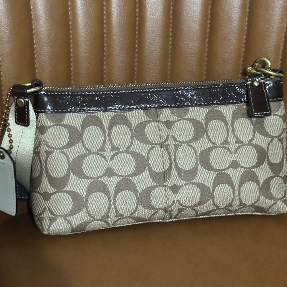 Coach Signature Canvas Wristlet in Beige and Brown Patent Trim